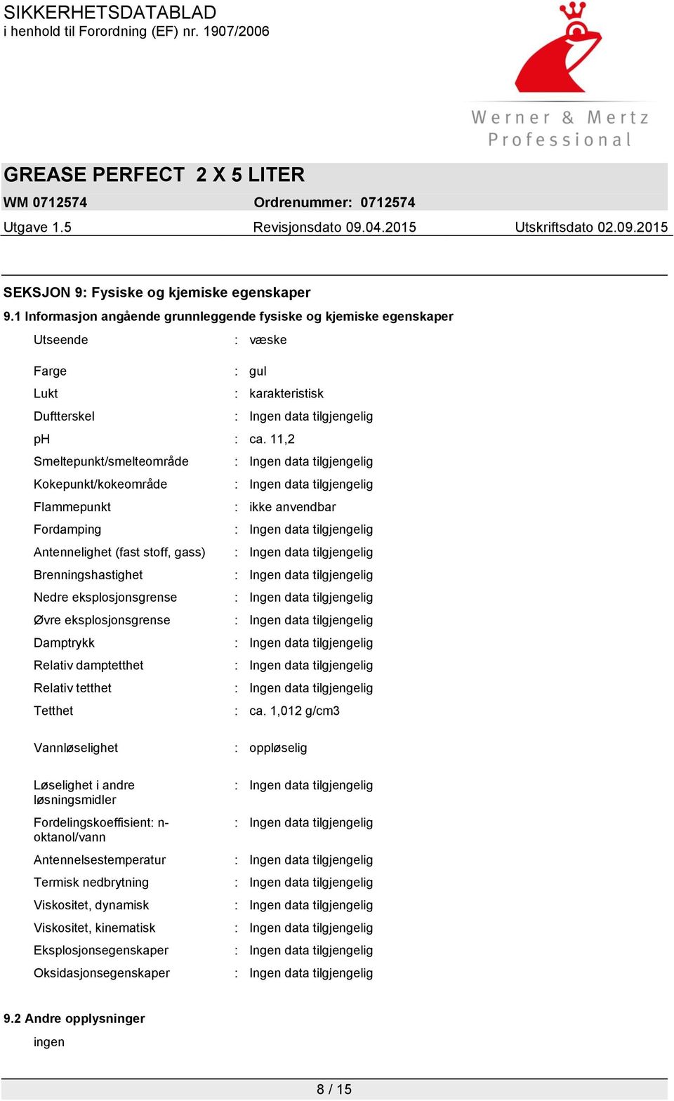 11,2 Smeltepunkt/smelteområde Kokepunkt/kokeområde Flammepunkt : ikke anvendbar Fordamping Antennelighet (fast stoff, gass) Brenningshastighet Nedre eksplosjonsgrense Øvre