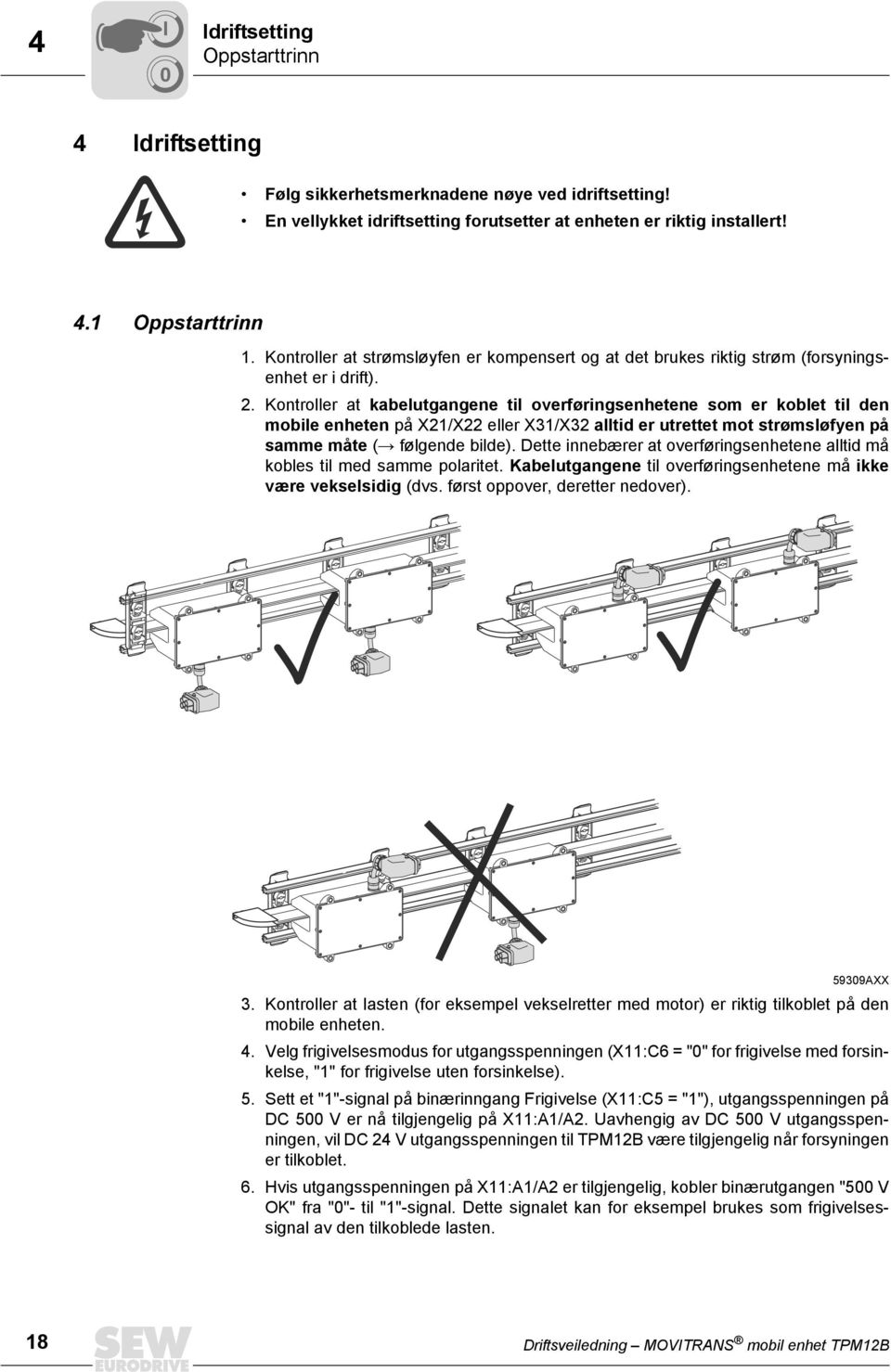 Kontroller at kabelutgangene til overføringsenhetene som er koblet til den mobile enheten på X21/X22 eller X31/X32 alltid er utrettet mot strømsløfyen på samme måte (Æ følgende bilde).