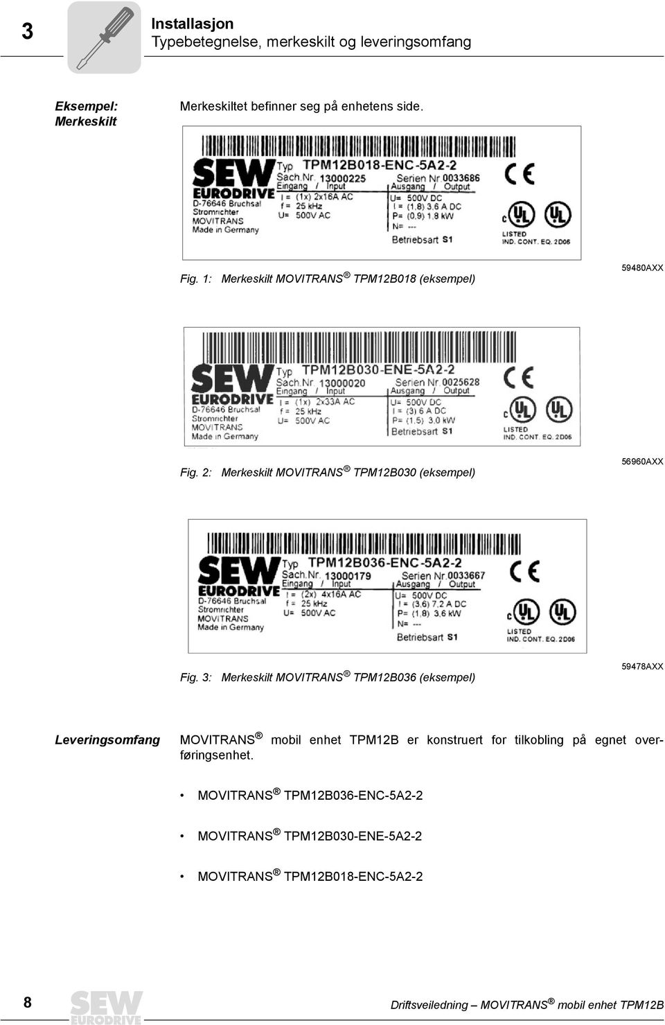 3: Merkeskilt MOVITRANS TPM12B036 (eksempel) 59478AXX Leveringsomfang MOVITRANS mobil enhet TPM12B er konstruert for tilkobling på