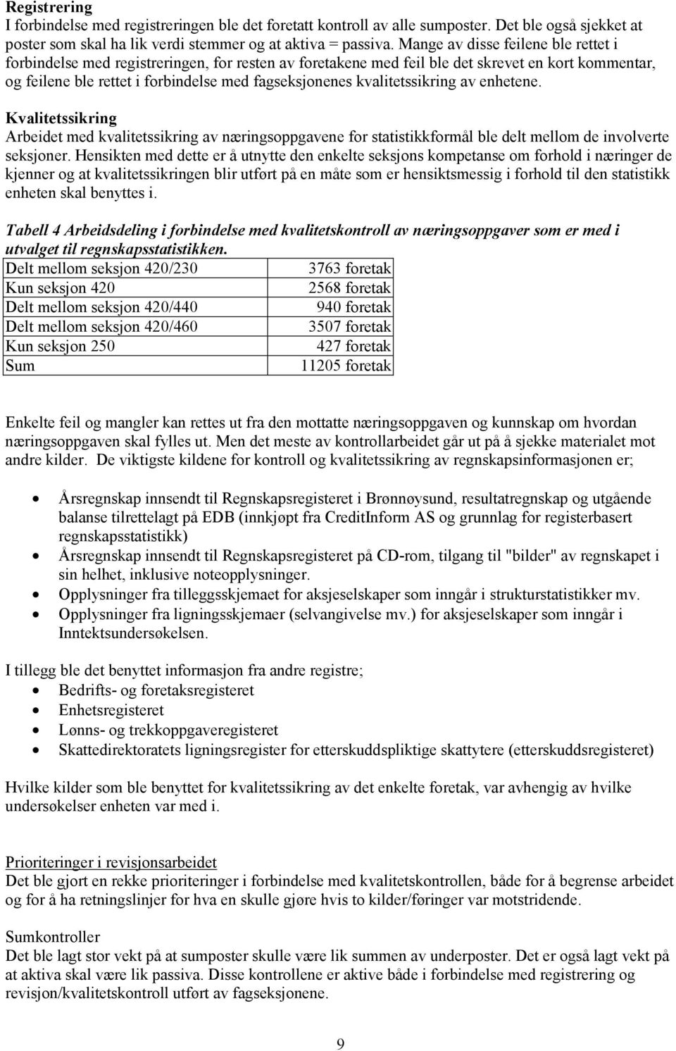 kvalitetssikring av enhetene. Kvalitetssikring Arbeidet med kvalitetssikring av næringsoppgavene for statistikkformål ble delt mellom de involverte seksjoner.