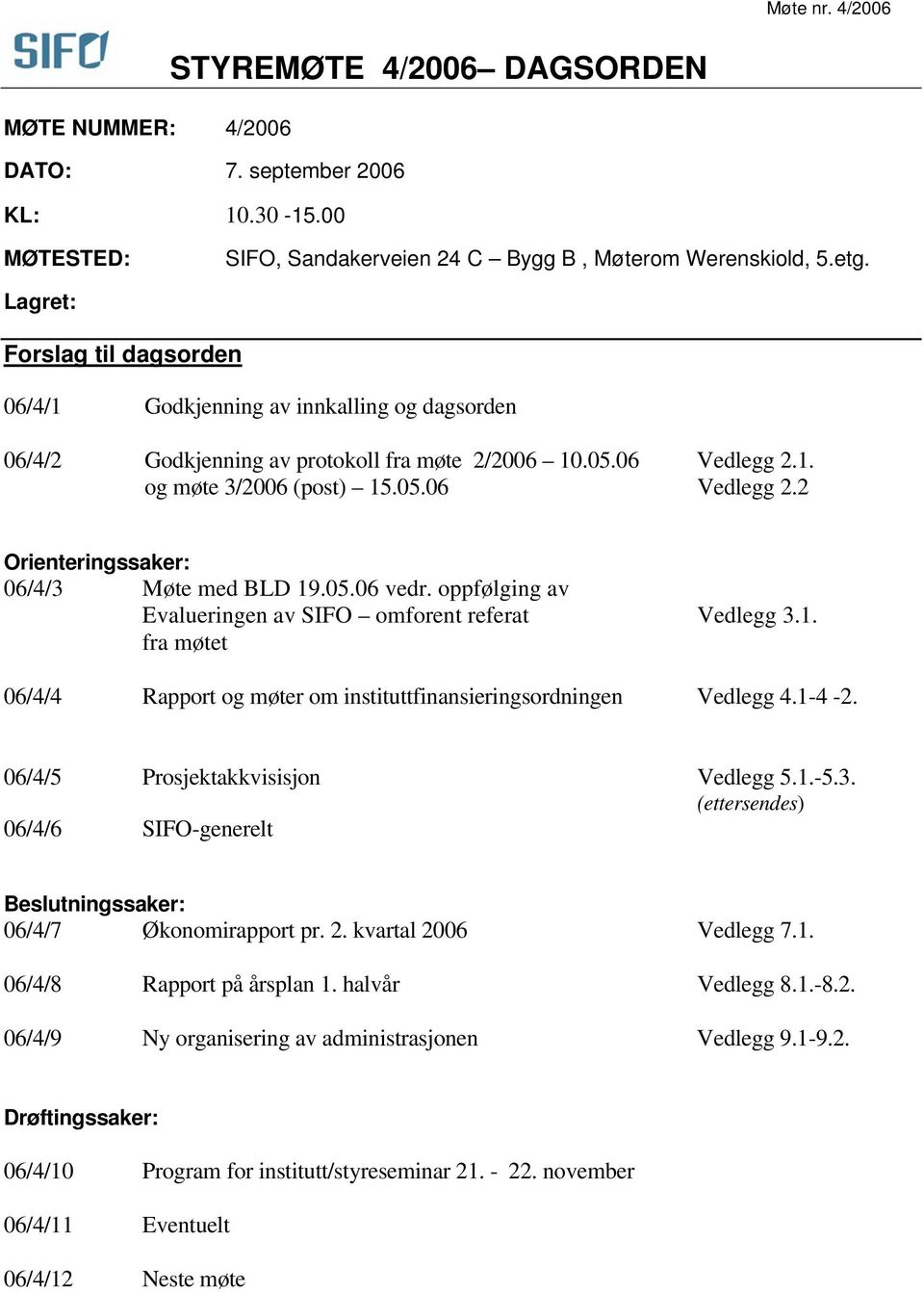 05.06 vedr. oppfølging av Evalueringen av SIFO omforent referat Vedlegg 3.1. fra møtet 06/4/4 Rapport og møter om instituttfinansieringsordningen Vedlegg 4.1-4 -2.