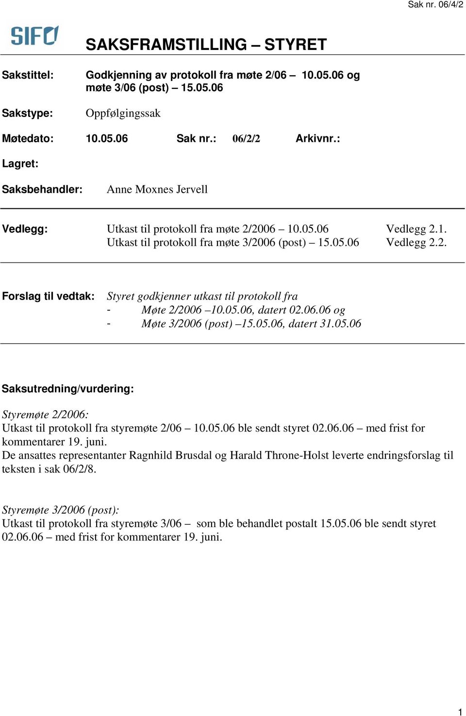 05.06, datert 02.06.06 og - Møte 3/2006 (post) 15.05.06, datert 31.05.06 Saksutredning/vurdering: Styremøte 2/2006: Utkast til protokoll fra styremøte 2/06 10.05.06 ble sendt styret 02.06.06 med frist for kommentarer 19.