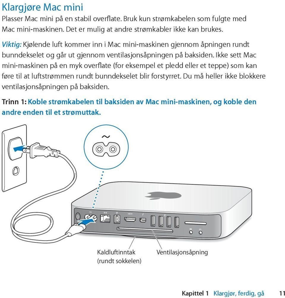 Ikke sett Mac mini-maskinen på en myk overflate (for eksempel et pledd eller et teppe) som kan føre til at luftstrømmen rundt bunndekselet blir forstyrret.