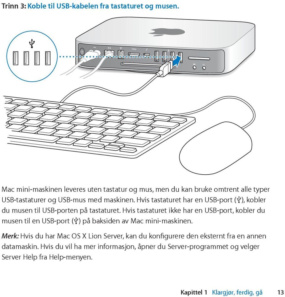 Hvis tastaturet har en USB-port (d), kobler du musen til USB-porten på tastaturet.