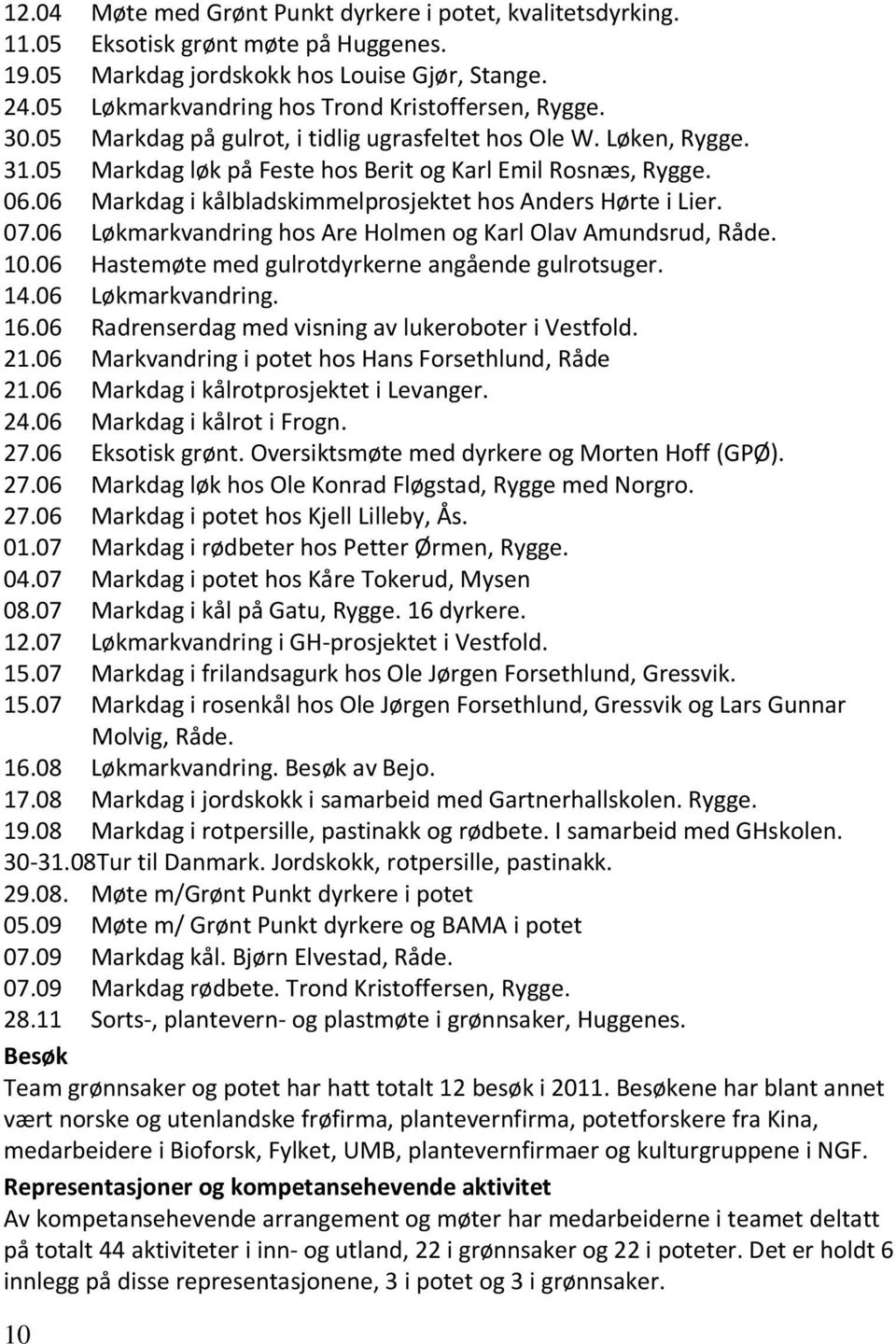 06 Markdag i kålbladskimmelprosjektet hos Anders Hørte i Lier. 07.06 Løkmarkvandring hos Are Holmen og Karl Olav Amundsrud, Råde. 10.06 Hastemøte med gulrotdyrkerne angående gulrotsuger. 14.