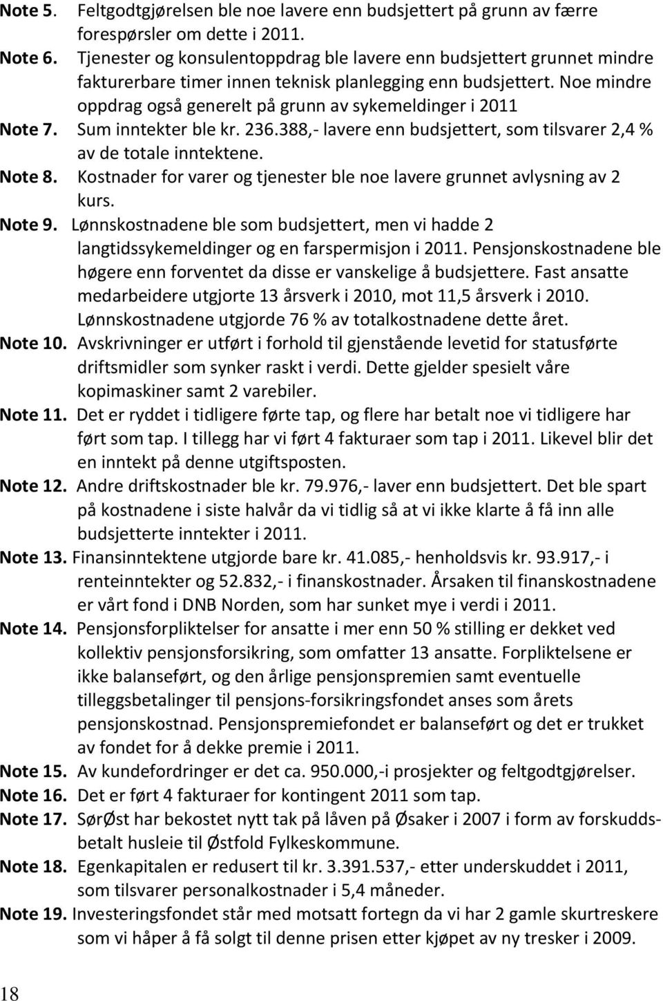 Noe mindre oppdrag også generelt på grunn av sykemeldinger i 2011 Note 7. Sum inntekter ble kr. 236.388,- lavere enn budsjettert, som tilsvarer 2,4 % av de totale inntektene. Note 8.