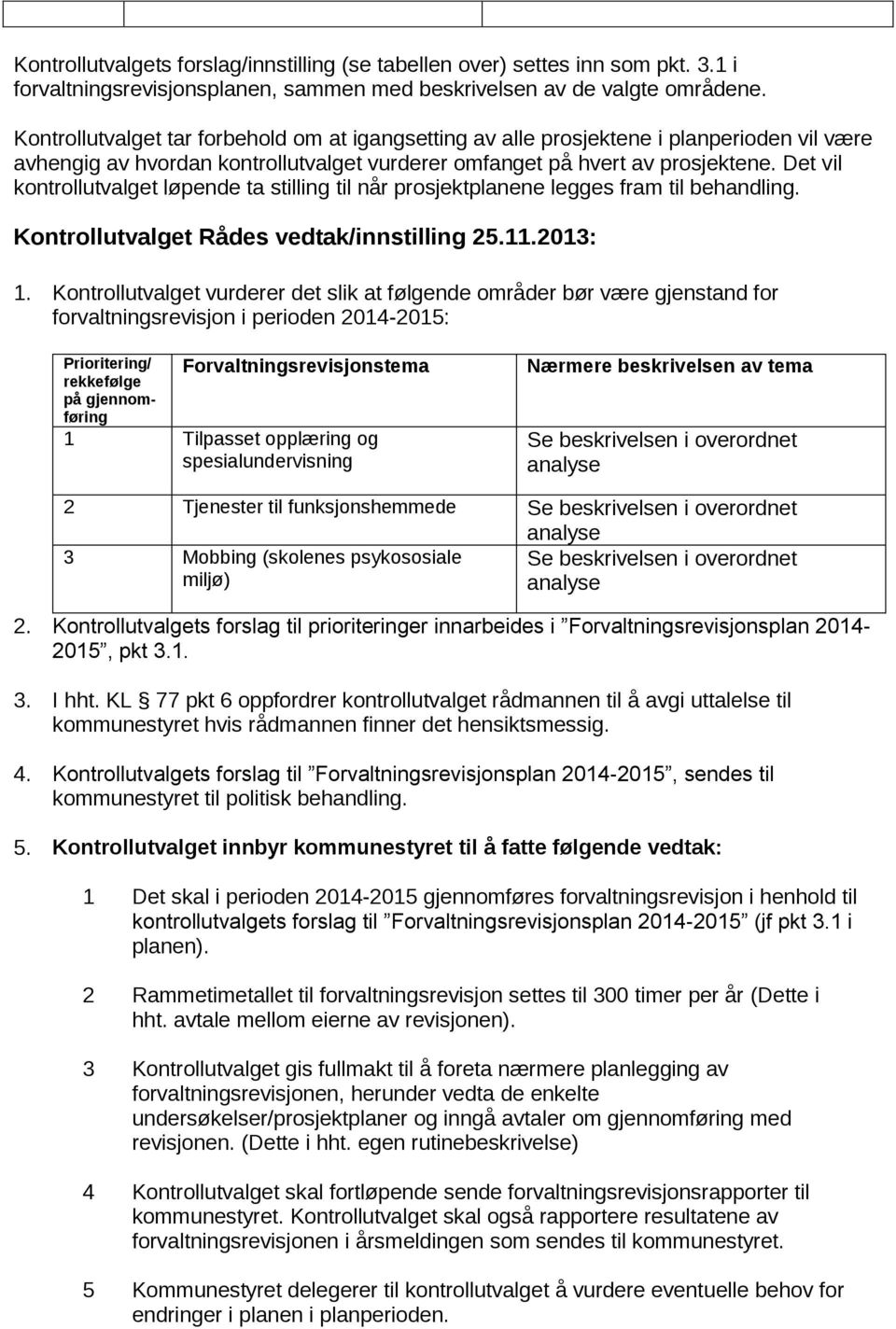 Det vil kontrollutvalget løpende ta stilling til når prosjektplanene legges fram til behandling. Kontrollutvalget Rådes vedtak/innstilling 25.11.2013: 1.