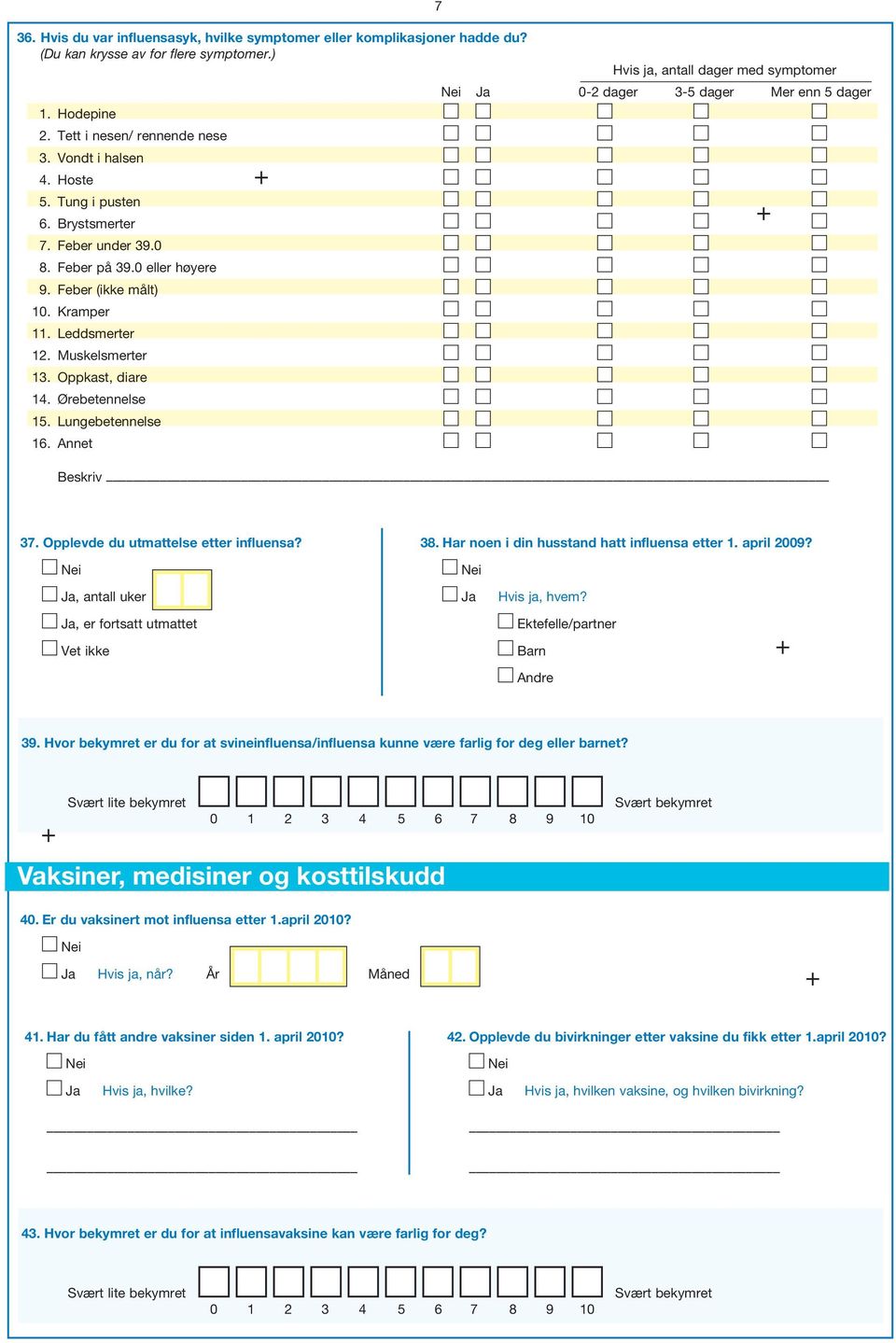 Leddsmerter 12. Muskelsmerter 13. Oppkast diare 14. Ørebetennelse 15. Lungebetennelse 16. Annet Beskriv 37. Opplevde du utmattelse etter influensa? 38. Har noen i din husstand hatt influensa etter 1.