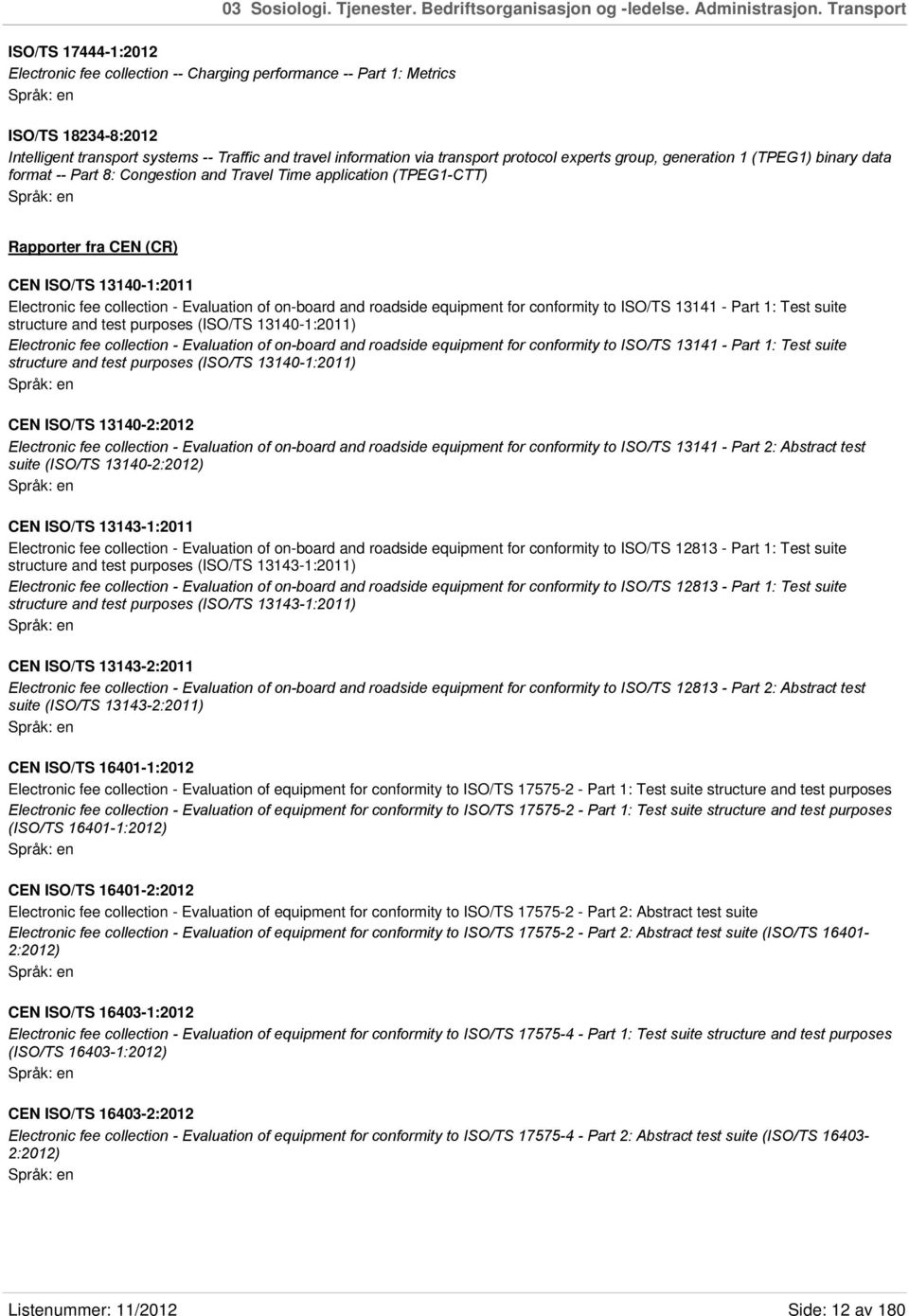 protocol experts group, generation 1 (TPEG1) binary data format -- Part 8: Congestion and Travel Time application (TPEG1-CTT) Rapporter fra CEN (CR) CEN ISO/TS 13140-1:2011 Electronic fee collection