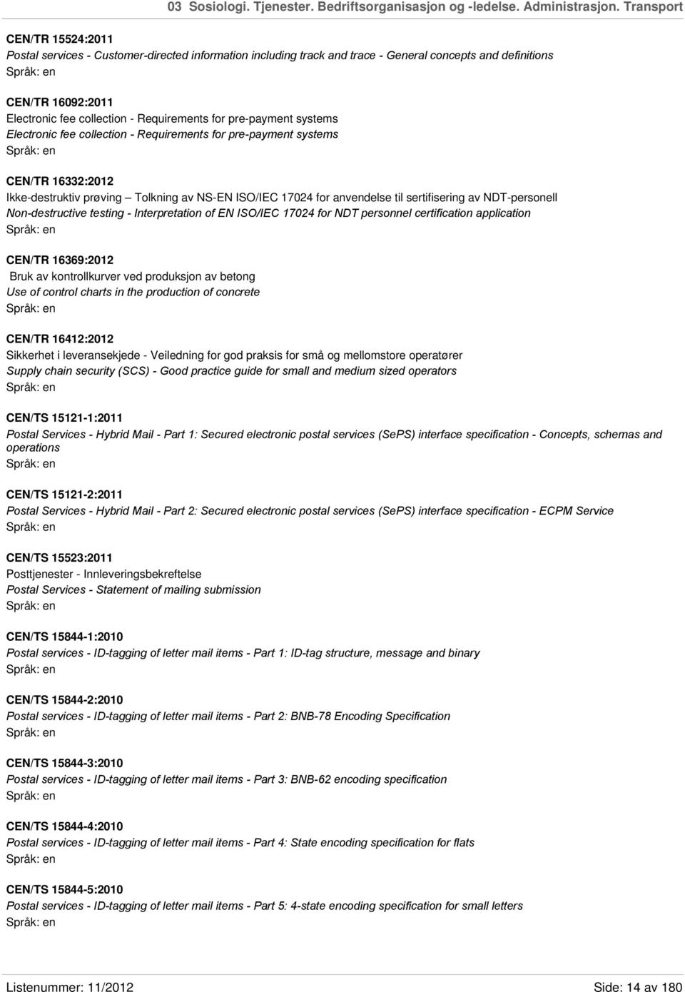 pre-payment systems Electronic fee collection - Requirements for pre-payment systems CEN/TR 16332:2012 Ikke-destruktiv prøving Tolkning av NS-EN ISO/IEC 17024 for anvendelse til sertifisering av