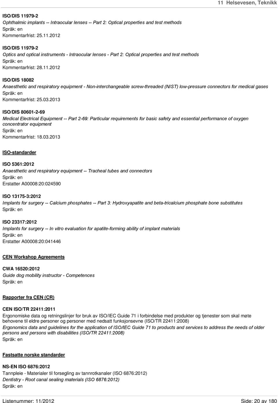 2013 ISO/DIS 80601-2-69 Medical Electrical Equipment -- Part 2-69: Particular requirements for basic safety and essential performance of oxygen concentrator equipment Kommentarfrist: 18.03.