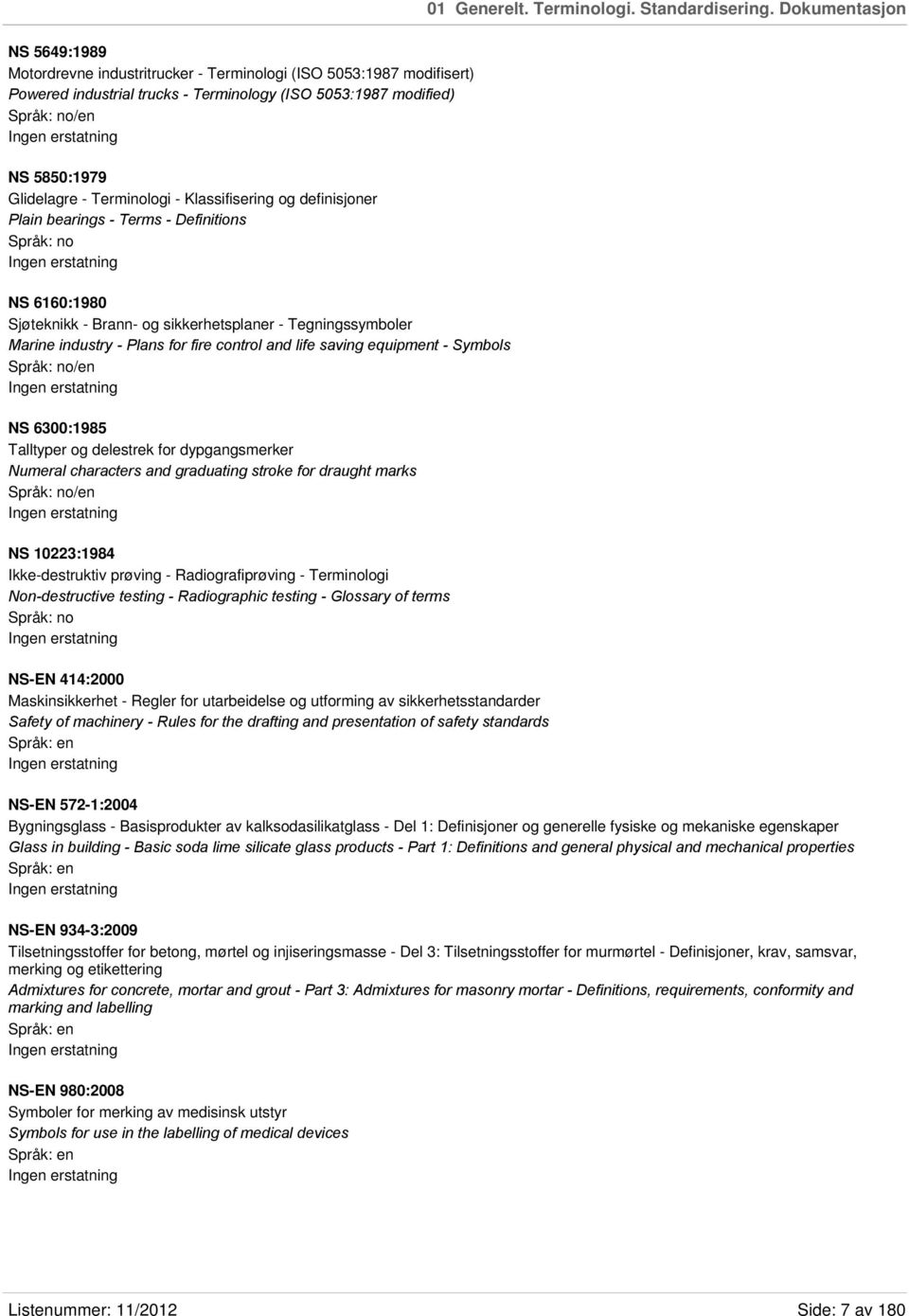 - Klassifisering og definisjoner Plain bearings - Terms - Definitions NS 6160:1980 Sjøteknikk - Brann- og sikkerhetsplaner - Tegningssymboler Marine industry - Plans for fire control and life saving