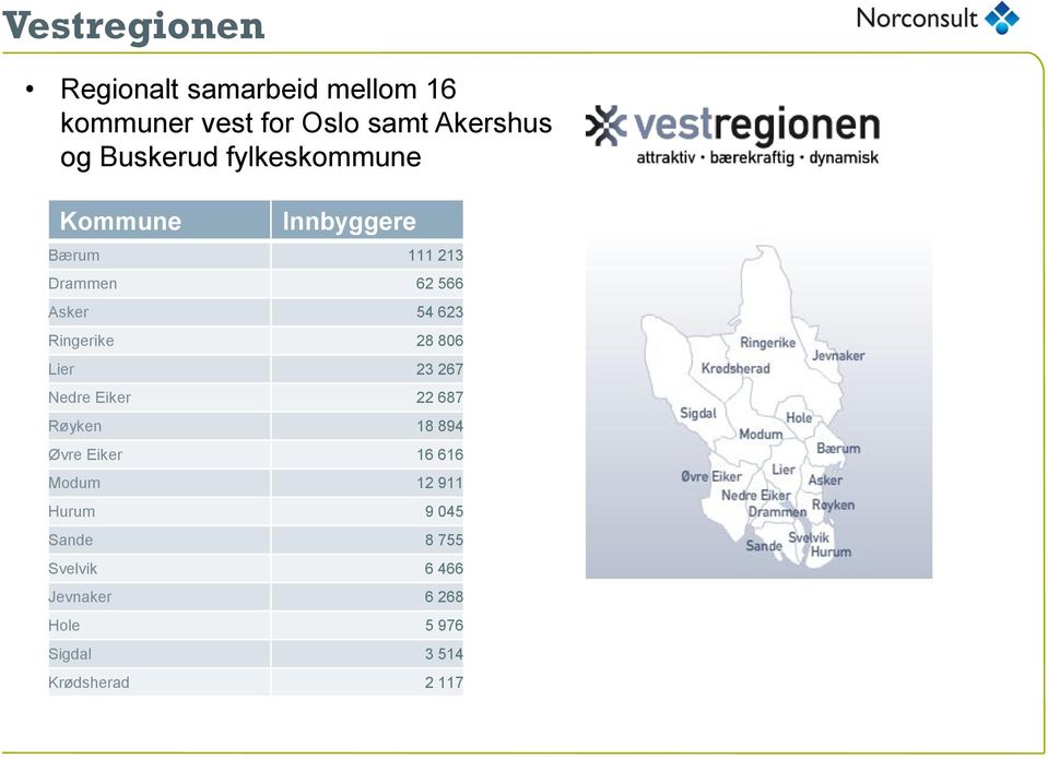 Ringerike 28 806 Lier 23 267 Nedre Eiker 22 687 Røyken 18 894 Øvre Eiker 16 616 Modum 12