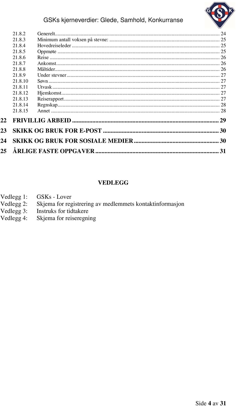 .. 28 22 FRIVILLIG ARBEID... 29 23 SKIKK OG BRUK FOR E-POST... 30 24 SKIKK OG BRUK FOR SOSIALE MEDIER... 30 25 ÅRLIGE FASTE OPPGAVER.