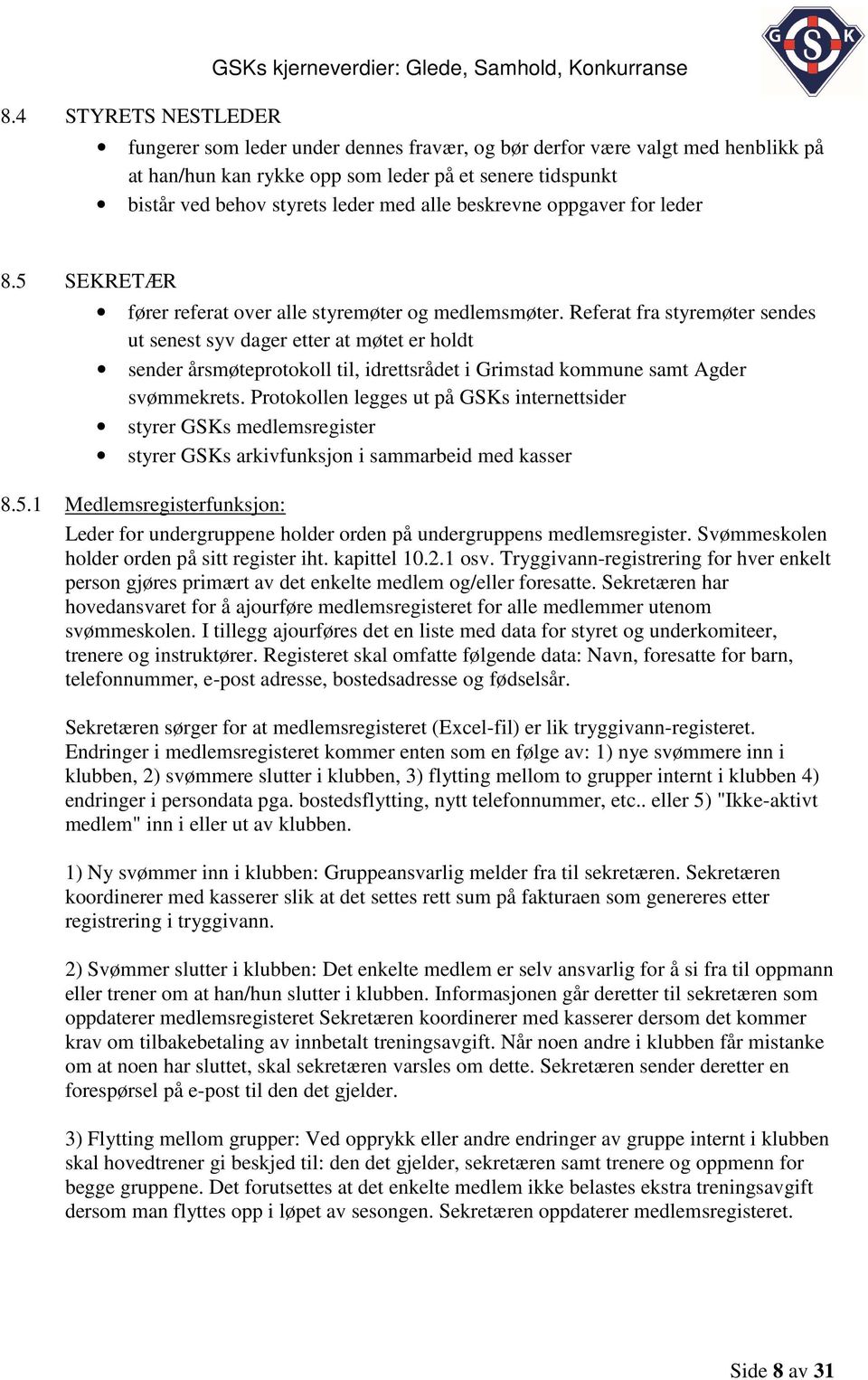 Referat fra styremøter sendes ut senest syv dager etter at møtet er holdt sender årsmøteprotokoll til, idrettsrådet i Grimstad kommune samt Agder svømmekrets.