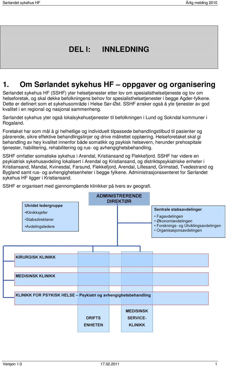 spesialisthelsetjenester i begge Agder-fylkene. Dette er definert som et sykehusområde i Helse Sør-Øst. SSHF ønsker også å yte tjenester av god kvalitet i en regional og nasjonal sammenheng.