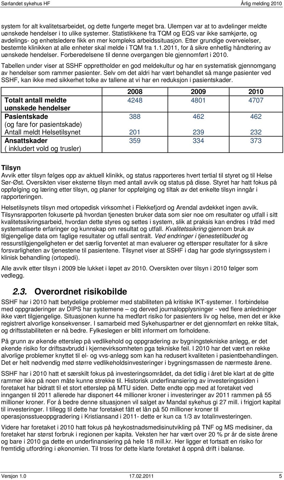 Etter grundige overveielser, bestemte klinikken at alle enheter skal melde i TQM fra 1.1.2011, for å sikre enhetlig håndtering av uønskede hendelser.