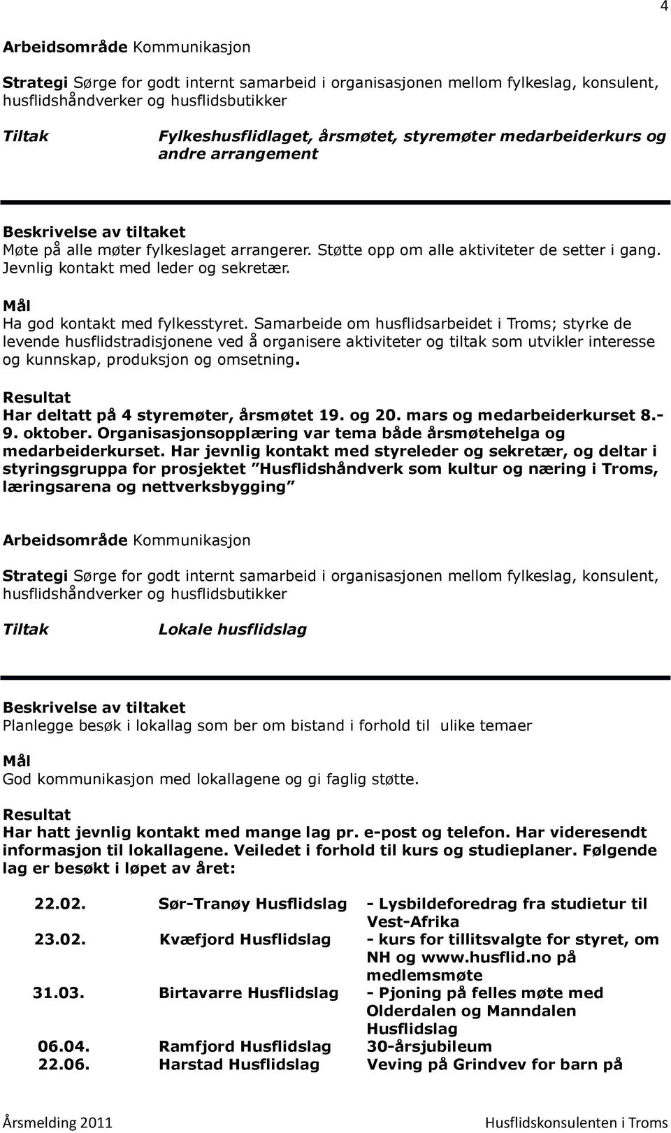 Samarbeide om husflidsarbeidet i Troms; styrke de levende husflidstradisjonene ved å organisere aktiviteter og tiltak som utvikler interesse og kunnskap, produksjon og omsetning.