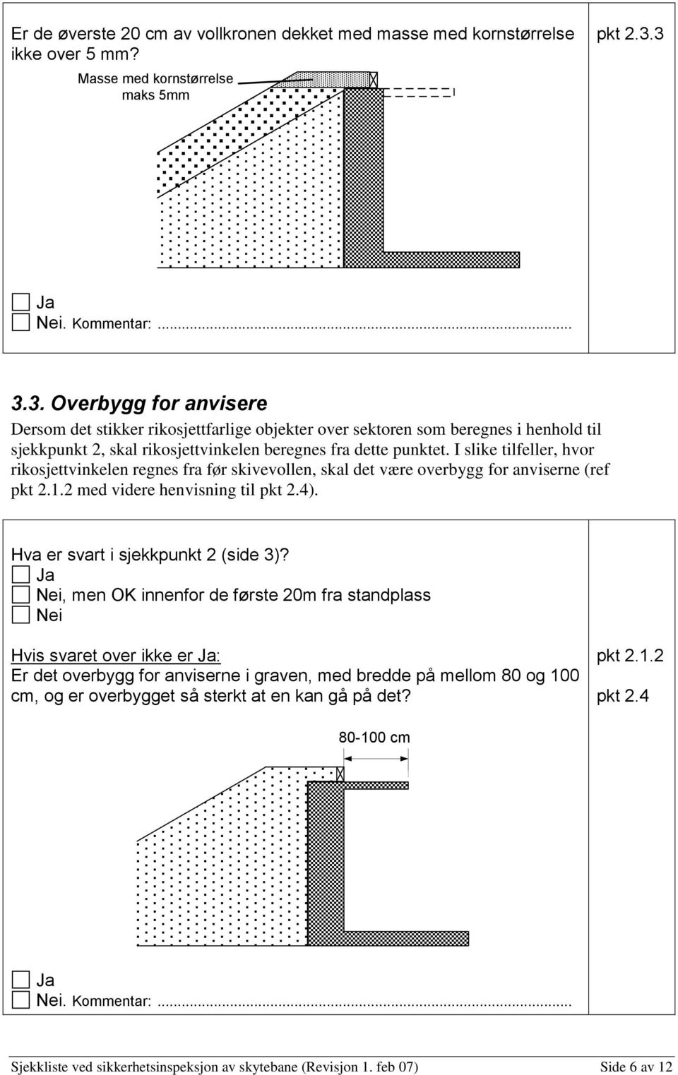 I slike tilfeller, hvor rikosjettvinkelen regnes fra før skivevollen, skal det være overbygg for anviserne (ref pkt 2.1.2 med videre henvisning til pkt 2.4). Hva er svart i sjekkpunkt 2 (side 3)?