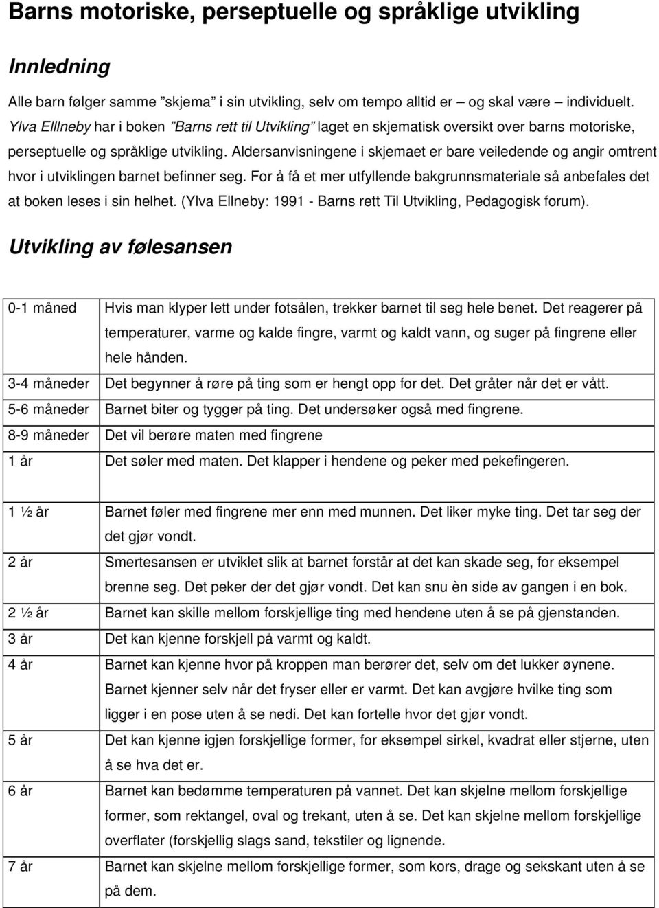 Aldersanvisningene i skjemaet er bare veiledende og angir omtrent hvor i utviklingen barnet befinner seg. For å få et mer utfyllende bakgrunnsmateriale så anbefales det at boken leses i sin helhet.