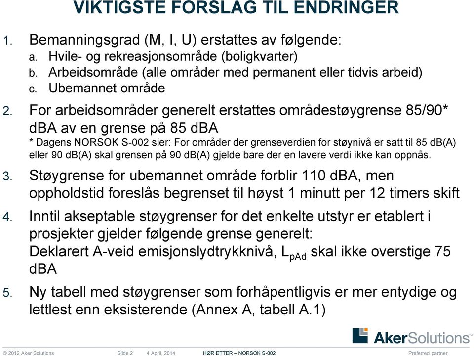 For arbeidsområder generelt erstattes områdestøygrense 85/90* dba av en grense på 85 dba * Dagens NORSOK S-002 sier: For områder der grenseverdien for støynivå er satt til 85 db(a) eller 90 db(a)