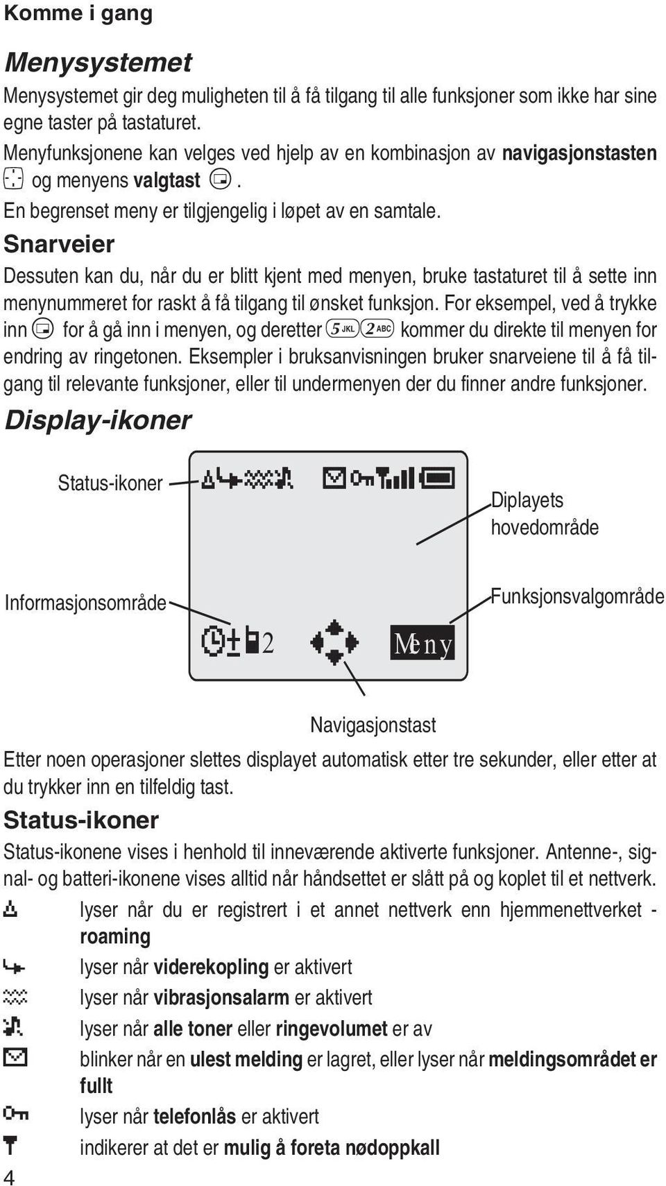 Snarveier Dessuten kan du, når du er blitt kjent med menyen, bruke tastaturet til å sette inn menynummeret for raskt å få tilgang til ønsket funksjon.