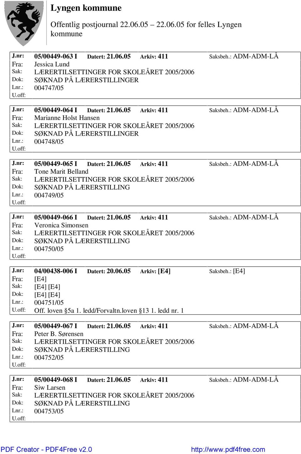 : 004750/05 J.nr: 04/00438-006 I Datert: 20.06.05 Arkiv: [E4] Saksbeh.: [E4] Fra: [E4] Sak: [E4] [E4] Dok: [E4] [E4] Lnr.: 004751/05 Off. loven 5a 1. ledd/forvaltn.loven 13 1. ledd nr. 1 J.