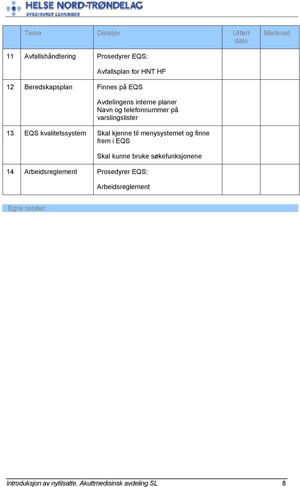 kvalitetssystem Skal kjenne til menysystemet og finne frem i EQS 14 Arbeidsreglement Prosedyrer EQS: Skal