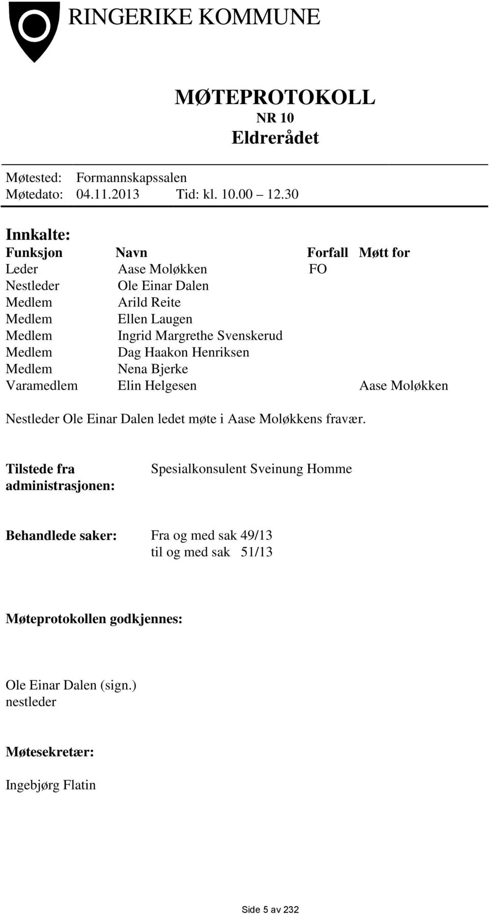 Svenskerud Medlem Dag Haakon Henriksen Medlem Nena Bjerke Varamedlem Elin Helgesen Aase Moløkken Nestleder Ole Einar Dalen ledet møte i Aase Moløkkens fravær.