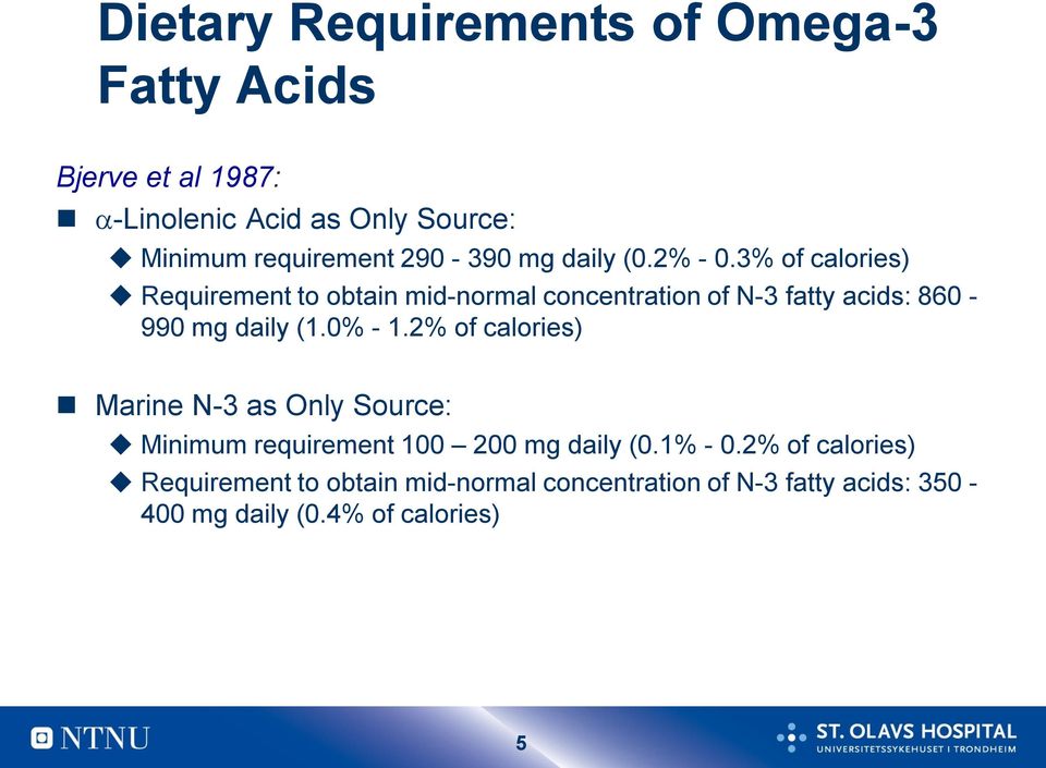 3% of calories) Requirement to obtain mid-normal concentration of N-3 fatty acids: 860-990 mg daily (1.0% - 1.