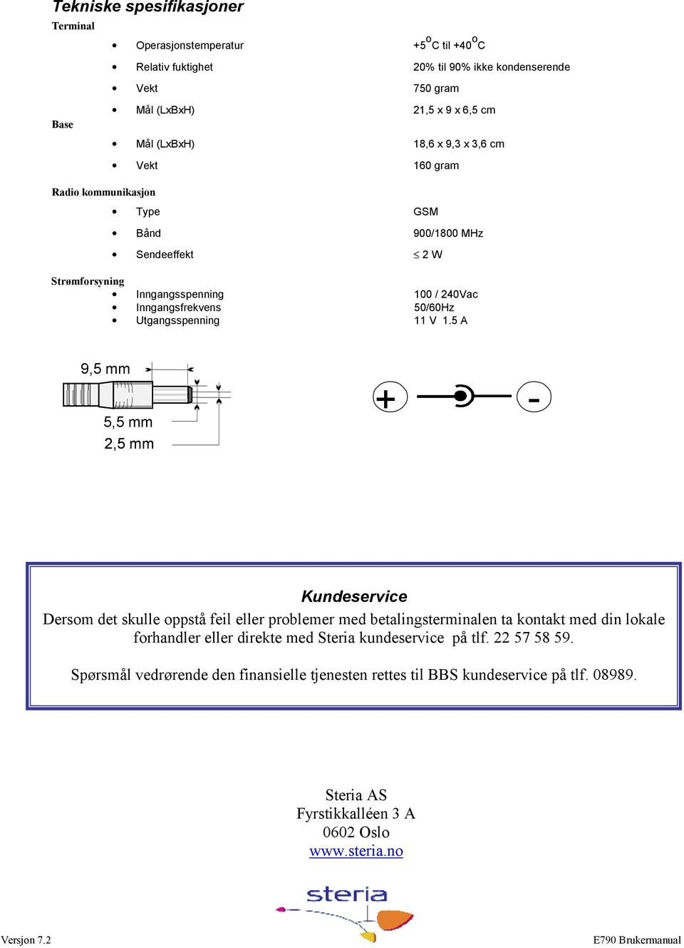 5 A 9,5 mm 5,5 mm 2,5 mm + - Kundeservice Dersom det skulle oppstå feil eller problemer med betalingsterminalen ta kontakt med din lokale forhandler eller direkte med Steria kundeservice på