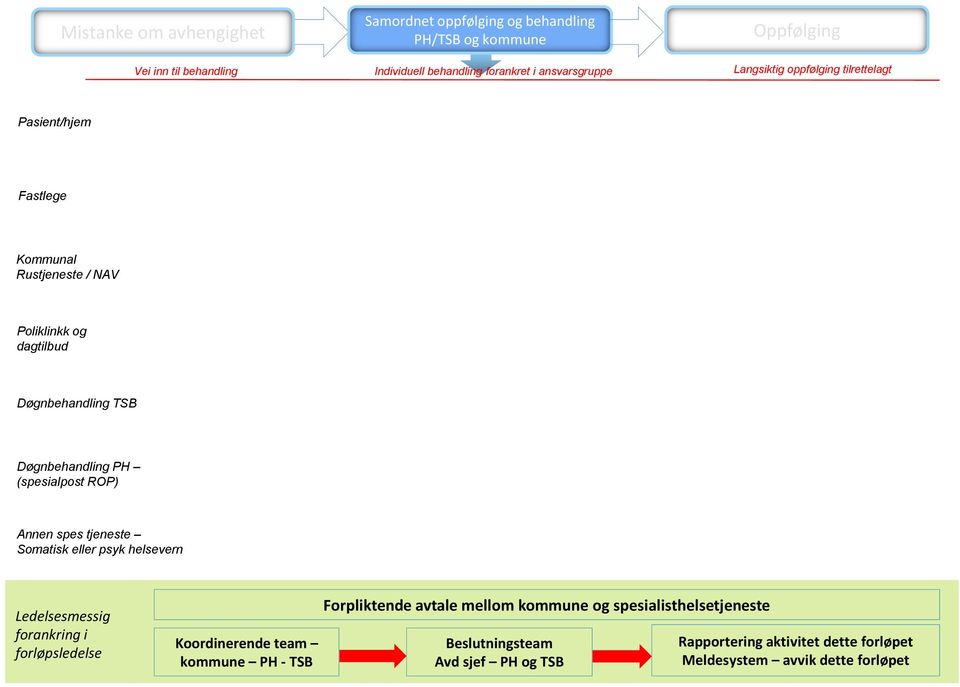 Døgnbehandling PH (spesialpost ROP) Annen spes tjeneste Somatisk eller psyk helsevern Ledelsesmessig forankring i forløpsledelse Koordinerende team