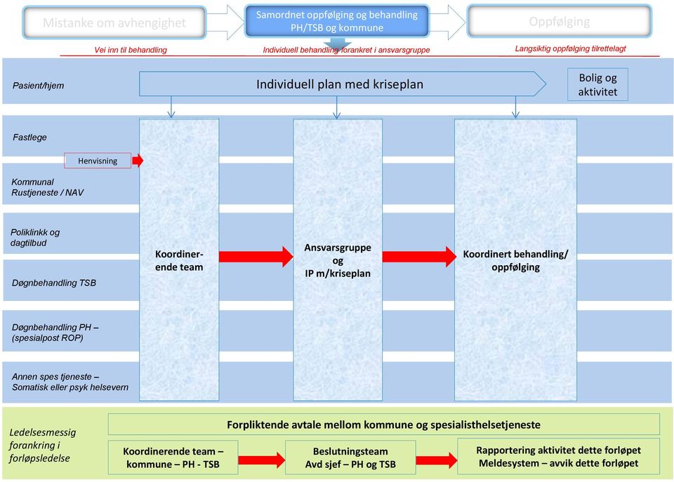 Ansvarsgruppe og IP m/kriseplan Koordinert behandling/ oppfølging Døgnbehandling PH (spesialpost ROP) Annen spes tjeneste Somatisk eller psyk helsevern Ledelsesmessig forankring i