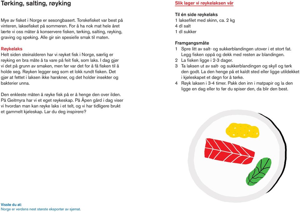 Røykelaks Helt siden steinalderen har vi røyket fisk i Norge, særlig er røyking en bra måte å ta vare på feit fisk, som laks.