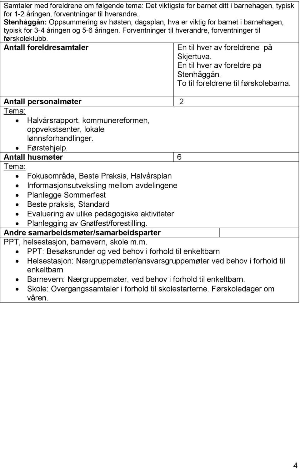 Antall foreldresamtaler En til hver av foreldrene på Skjertuva. En til hver av foreldre på Stenhåggån. To til foreldrene til førskolebarna.