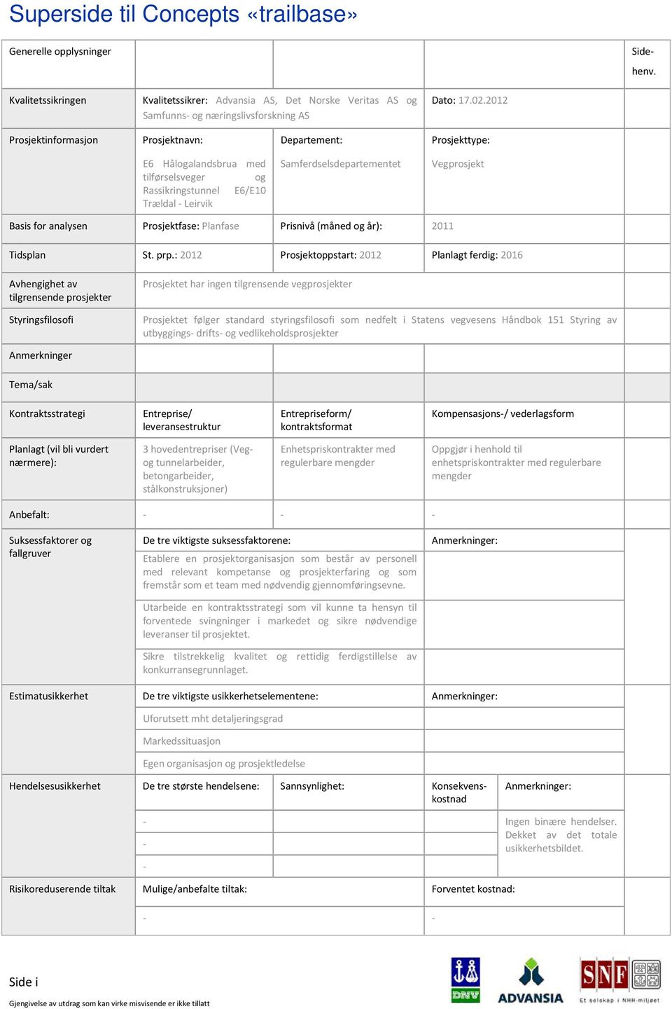 analysen Prosjektfase: Planfase Prisnivå (måned og år): 2011 Tidsplan St. prp.