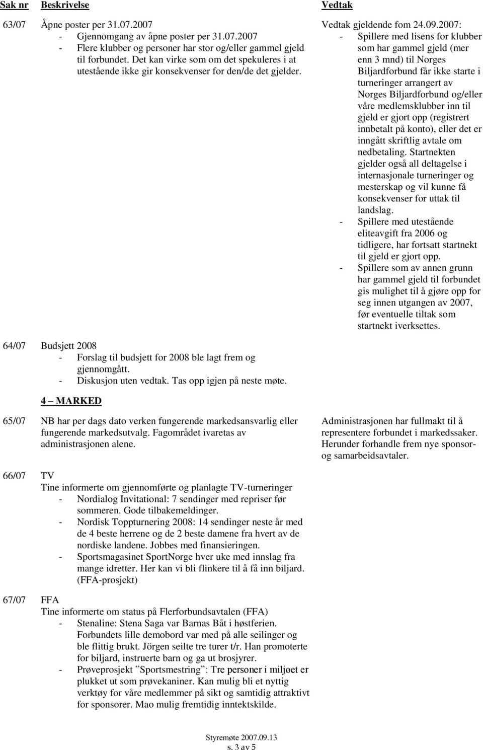 2007: - Spillere med lisens for klubber som har gammel gjeld (mer enn 3 mnd) til Norges Biljardforbund får ikke starte i turneringer arrangert av Norges Biljardforbund og/eller våre medlemsklubber