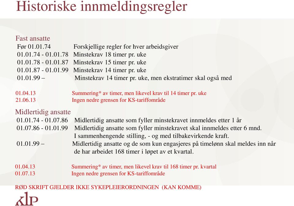 13 Ingen nedre grensen for KS-tariffområde Midlertidig ansatte 01.01.74-01.07.86 Midlertidig ansatte som fyller minstekravet innmeldes etter 1 år 01.07.86-01.01.99 Midlertidig ansatte som fyller minstekravet skal innmeldes etter 6 mnd.