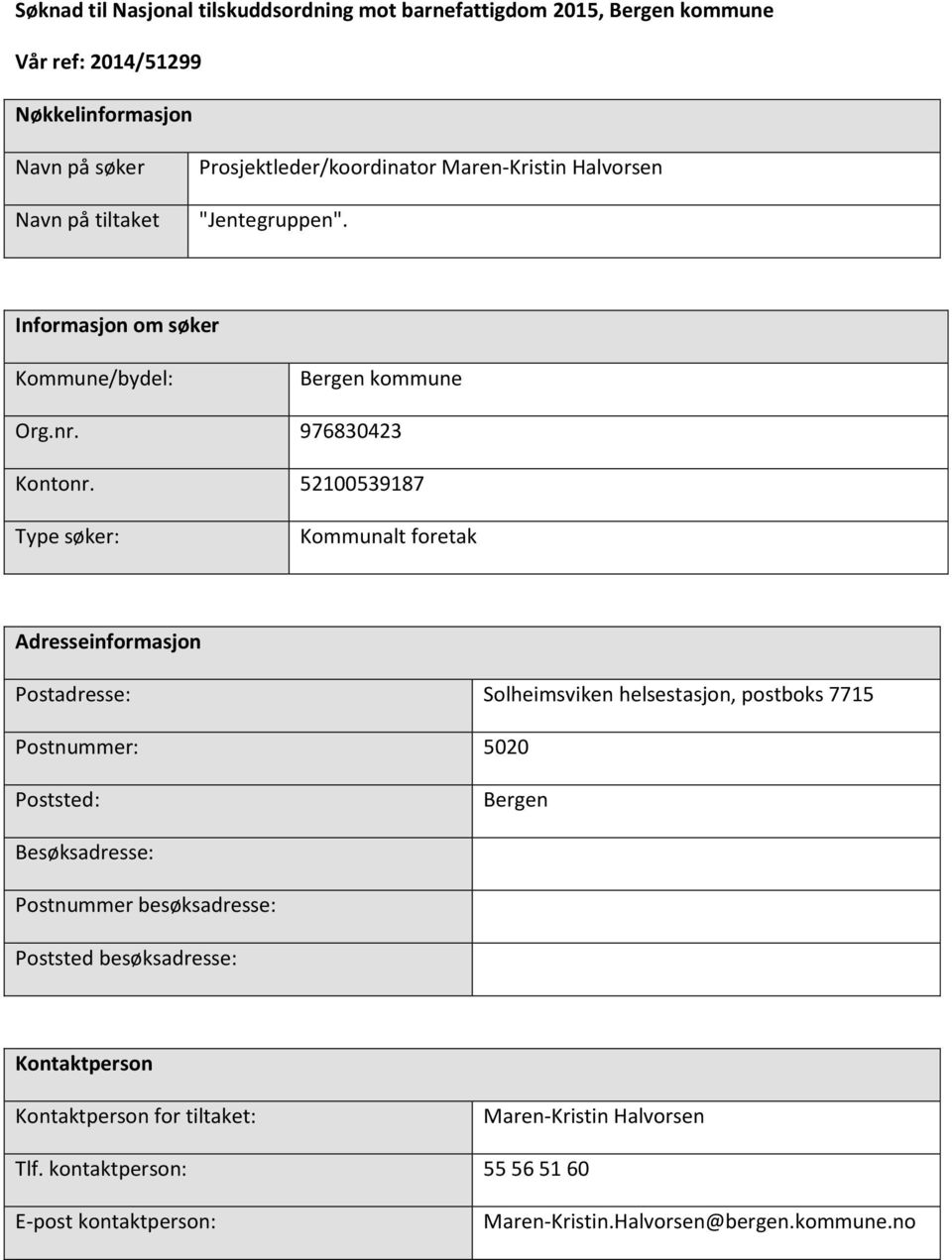 52100539187 Type søker: Kommunalt foretak Adresseinformasjon Postadresse: Solheimsviken helsestasjon, postboks 7715 Postnummer: 5020 Poststed: Bergen Besøksadresse: