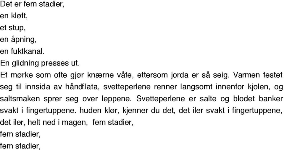 Varmen festet seg til innsida av håndflata, svetteperlene renner langsomt innenfor kjolen, og saltsmaken sprer seg