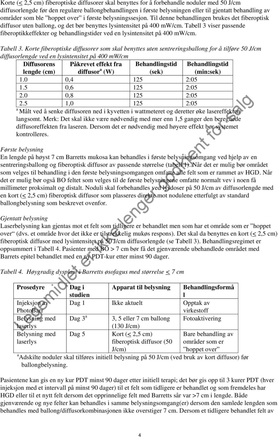 Tabell 3 viser passende fiberoptikkeffekter og behandlingstider ved en lysintensitet på 400 mw/cm. Tabell 3.