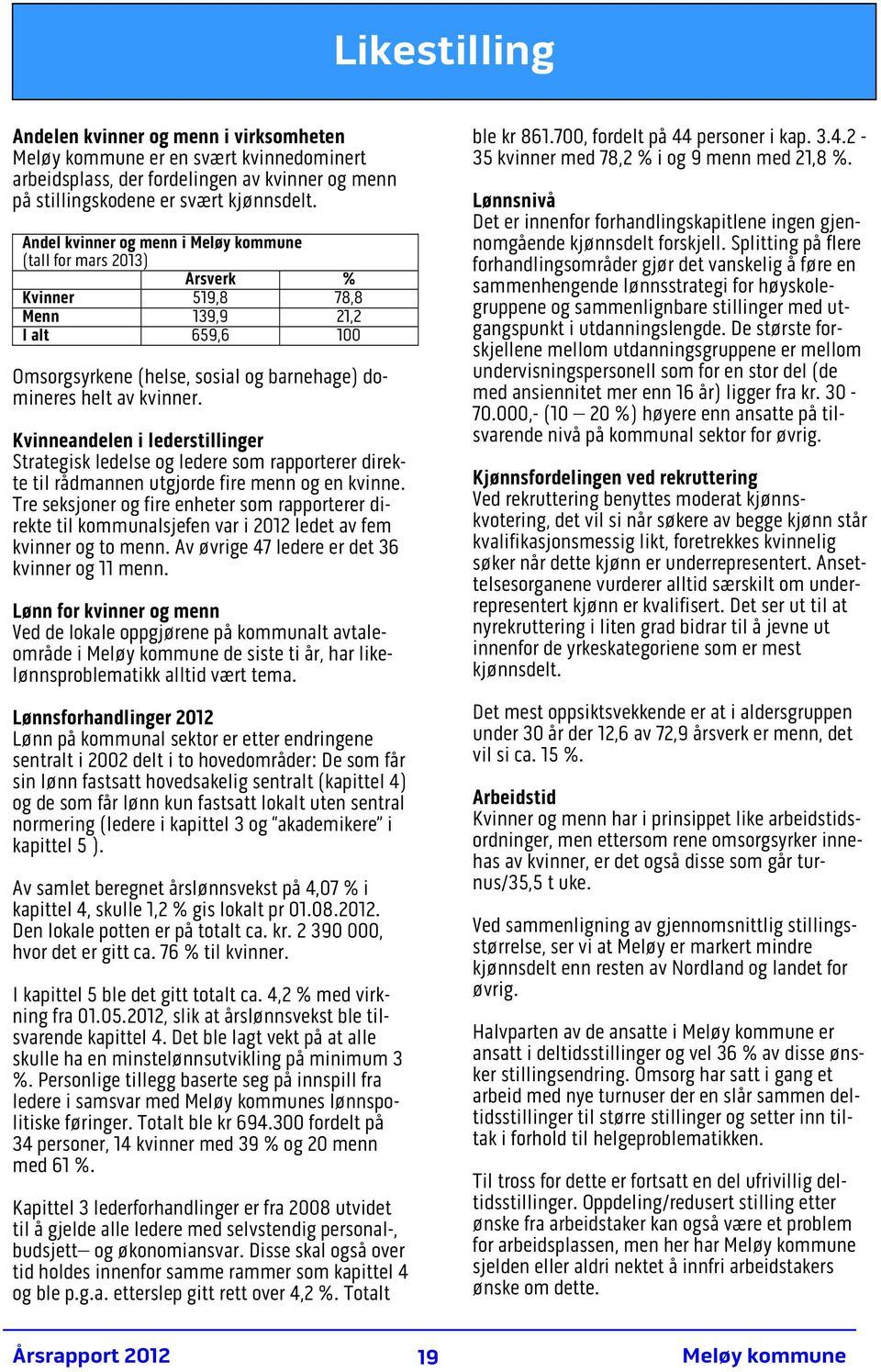 Kvinneandelen i lederstillinger Strategisk ledelse og ledere som rapporterer direkte til rådmannen utgjorde fire menn og en kvinne.