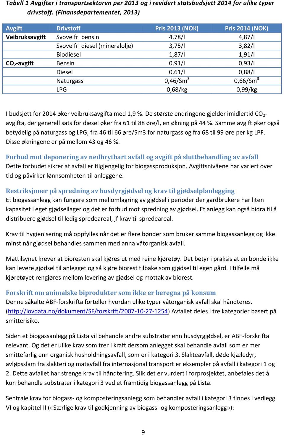 -avgift Bensin 0,91/l 0,93/l Diesel 0,61/l 0,88/l Naturgass 0,46/Sm 3 0,66/Sm 3 LPG 0,68/kg 0,99/kg I budsjett for 2014 øker veibruksavgifta med 1,9 %.