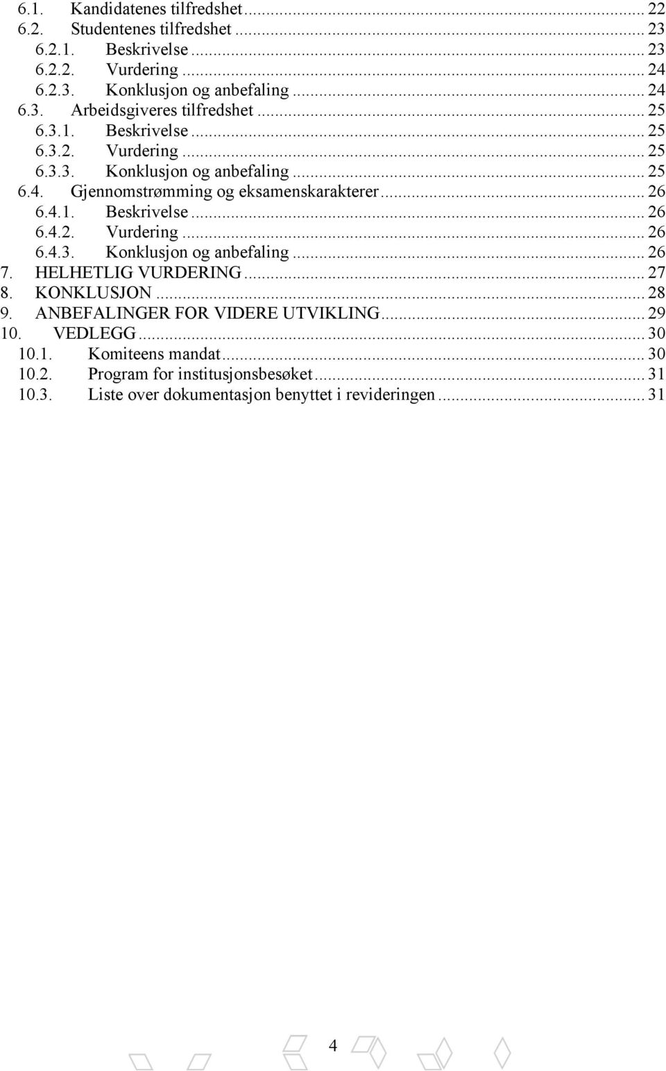 HELHETLIG VURDERING... 27 8. KONKLUSJON... 28 9. ANBEFALINGER FOR VIDERE UTVIKLING... 29 10. VEDLEGG... 30 10.1. Komiteens mandat... 30 10.2. Program for institusjonsbesøket.