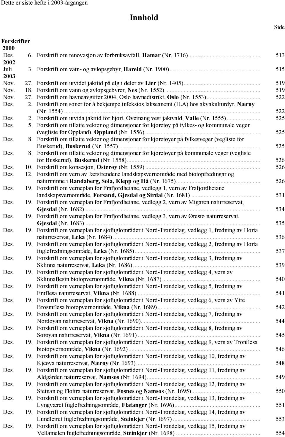 1552)... 519 Nov. 27. Forskrift om havneavgifter 2004, Oslo havnedistrikt, Oslo (Nr. 1553)... 522 Des. 2. Forskrift om soner for å bekjempe infeksiøs lakseanemi (ILA) hos akvakulturdyr, Nærøy (Nr.