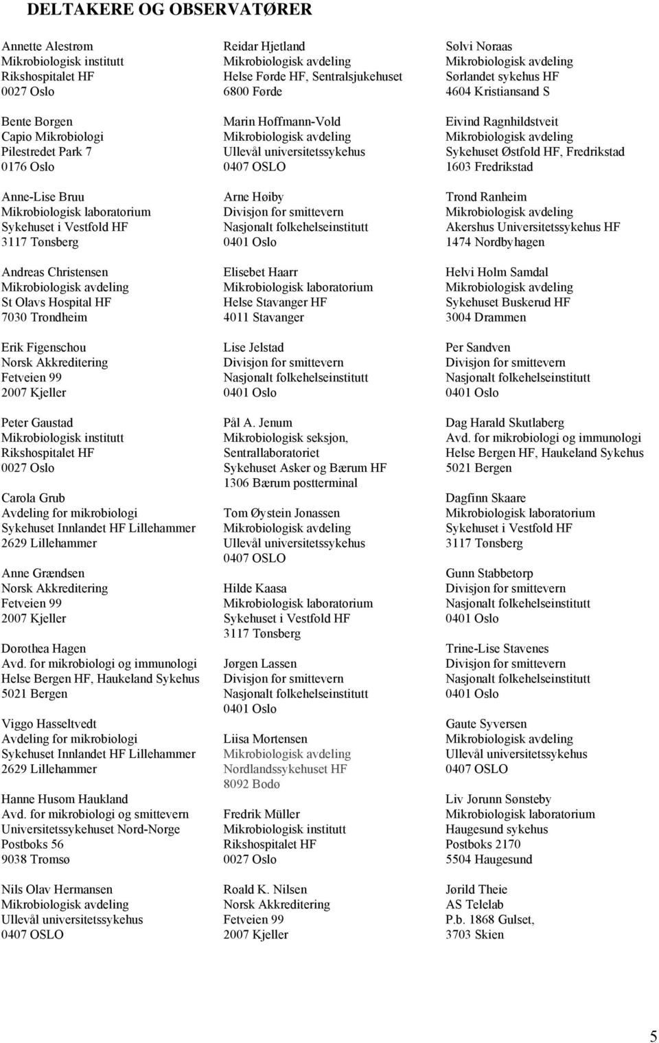 Mikrobiologisk institutt Rikshospitalet HF 0027 Oslo Carola Grub Avdeling for mikrobiologi Sykehuset Innlandet HF Lillehammer 2629 Lillehammer Anne Grændsen Norsk Akkreditering Fetveien 99 2007