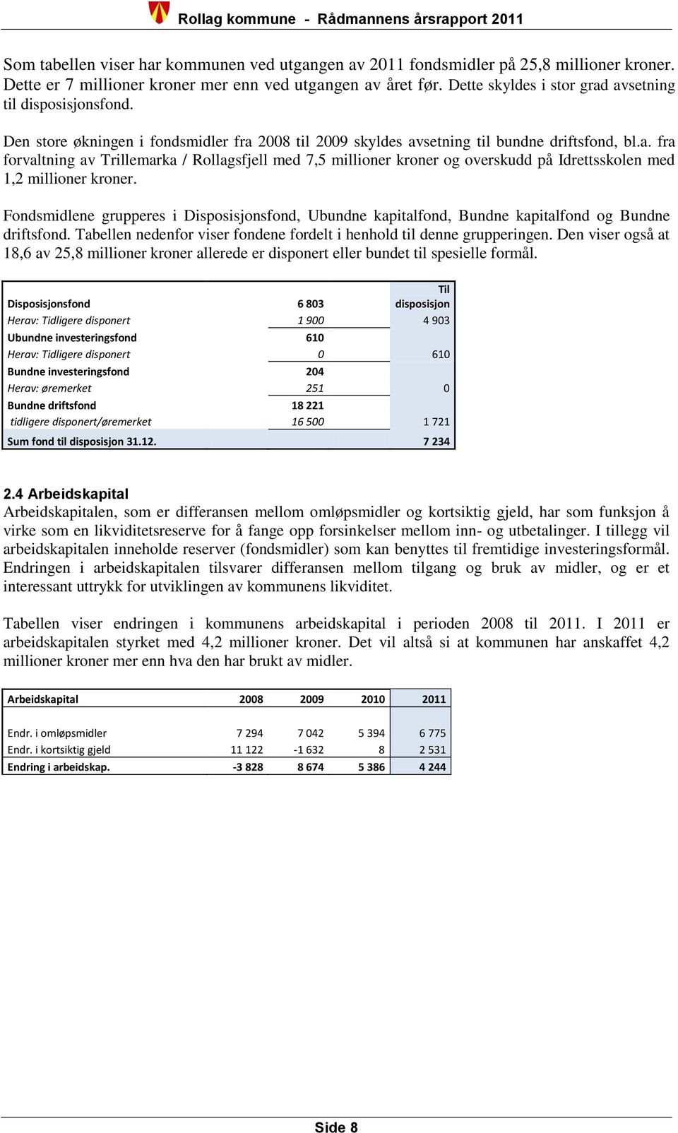 Fondsmidlene grupperes i Disposisjonsfond, Ubundne kapitalfond, Bundne kapitalfond og Bundne driftsfond. Tabellen nedenfor viser fondene fordelt i henhold til denne grupperingen.