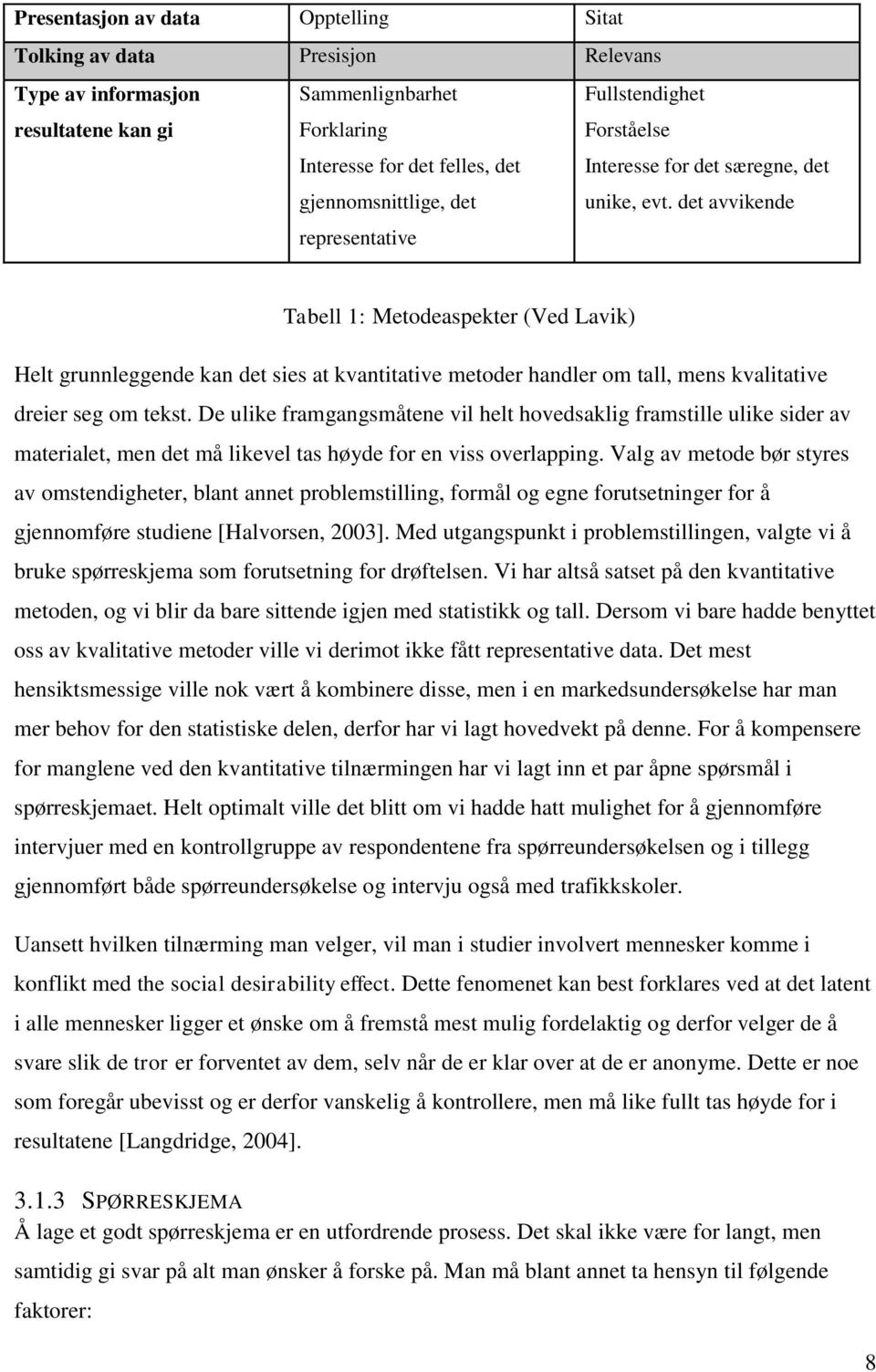 det avvikende Tabell 1: Metodeaspekter (Ved Lavik) Helt grunnleggende kan det sies at kvantitative metoder handler om tall, mens kvalitative dreier seg om tekst.