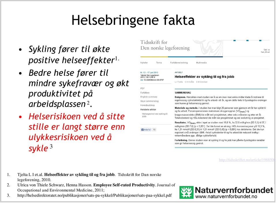 Helseeffekter av sykling til og fra jobb. Tidsskrift for Dan norske legeforening, 2010. 2. Ulrica von Thiele Schwarz, Henna Hasson.