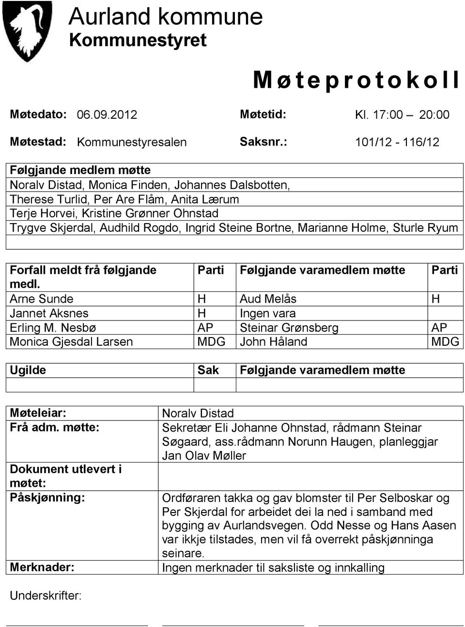 Rogdo, Ingrid Steine Bortne, Marianne Holme, Sturle Ryum Forfall meldt frå følgjande Parti Følgjande varamedlem møtte Parti medl. Arne Sunde H Aud Melås H Jannet Aksnes H Ingen vara Erling M.